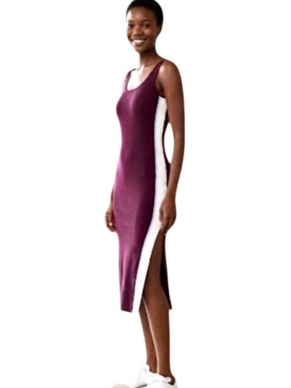 Ronny Kobo Burgundy Midi Sheath Knit Dress S Scoop Neck Slit Sporty Stripe